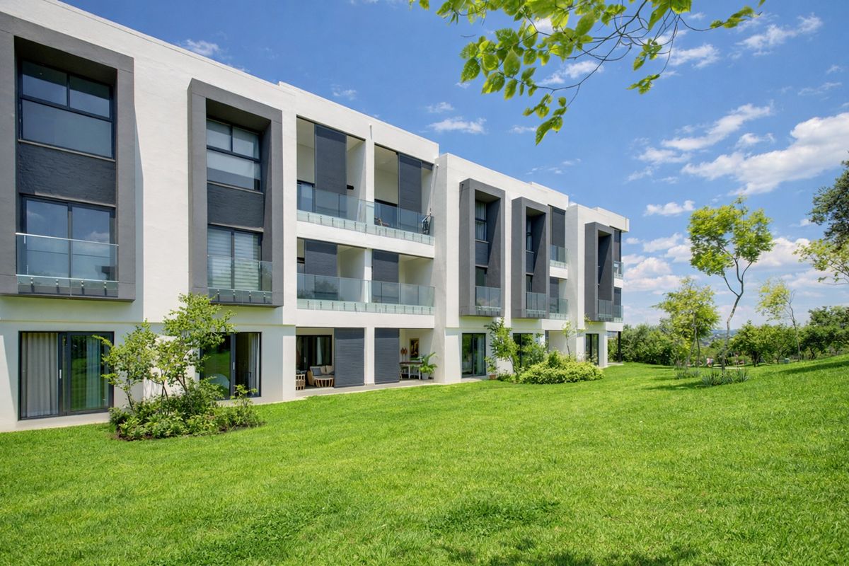 A modern apartment building exterior featuring clean architectural lines, glass-fronted balconies, and a well-maintained green lawn area.