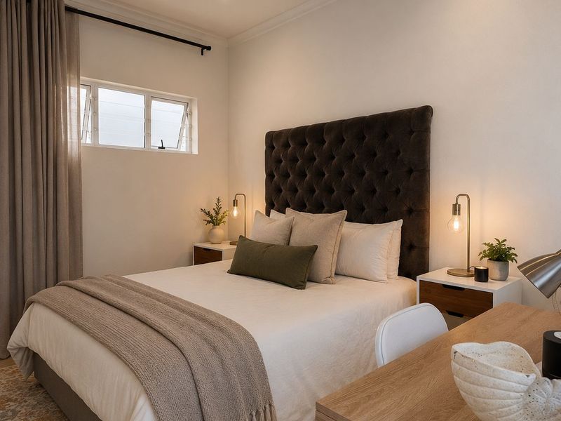 A well-presented bedroom featuring neutral tones, recessed downlighting, laminate flooring, and functional awning windows.
