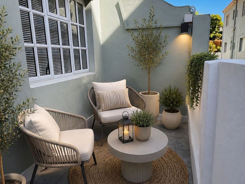 A well-maintained balcony featuring tiled flooring, an exterior wall light, and a multi-pane window, providing a pleasant outdoor seating area.