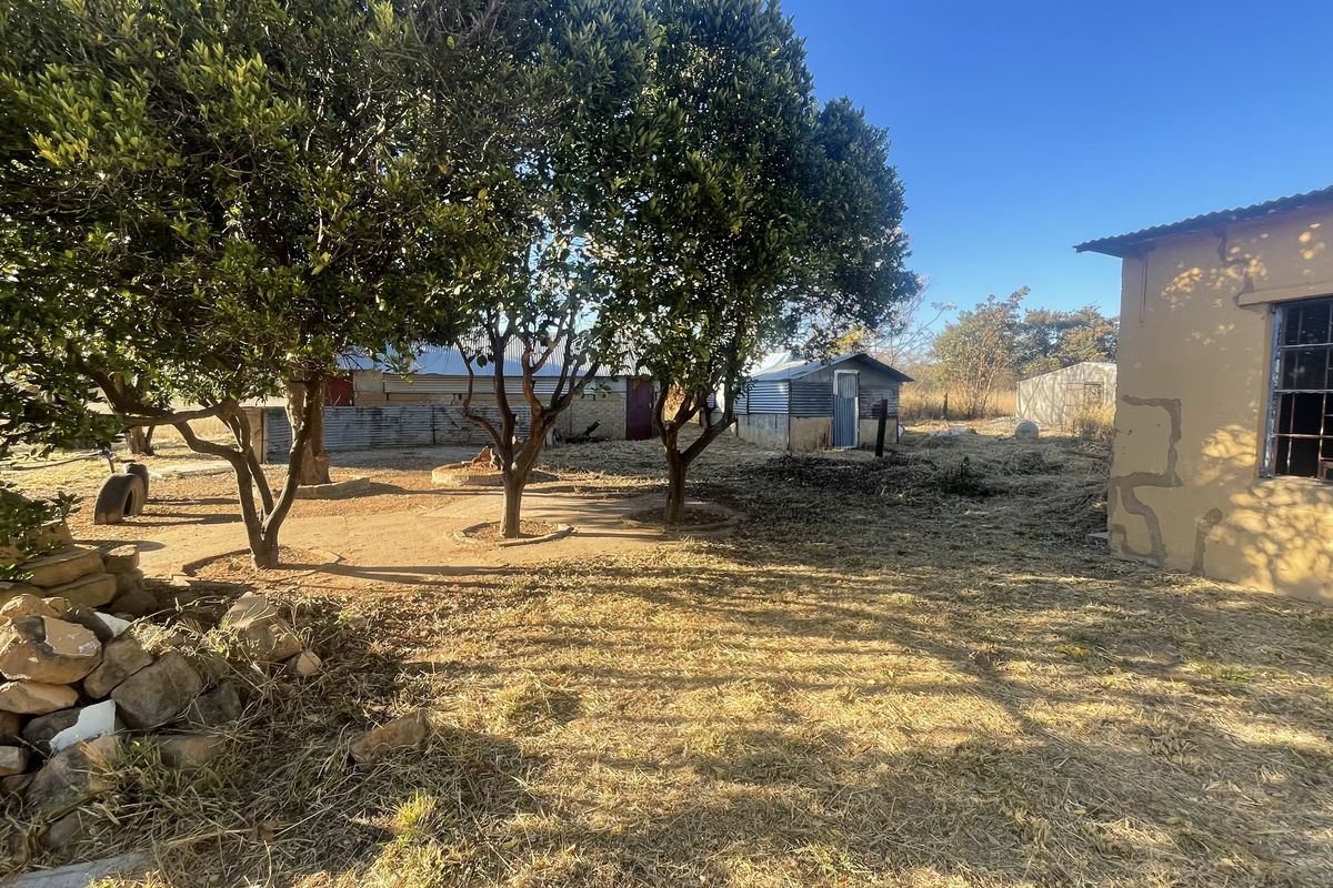 Rear exterior view of the farm property featuring multiple corrugated metal outbuildings, mature trees, and a main structure with visible exterior wall and window damage.