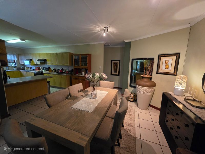 Open plan dining area flowing into a functional kitchen with built-in cabinetry and tiled flooring throughout.