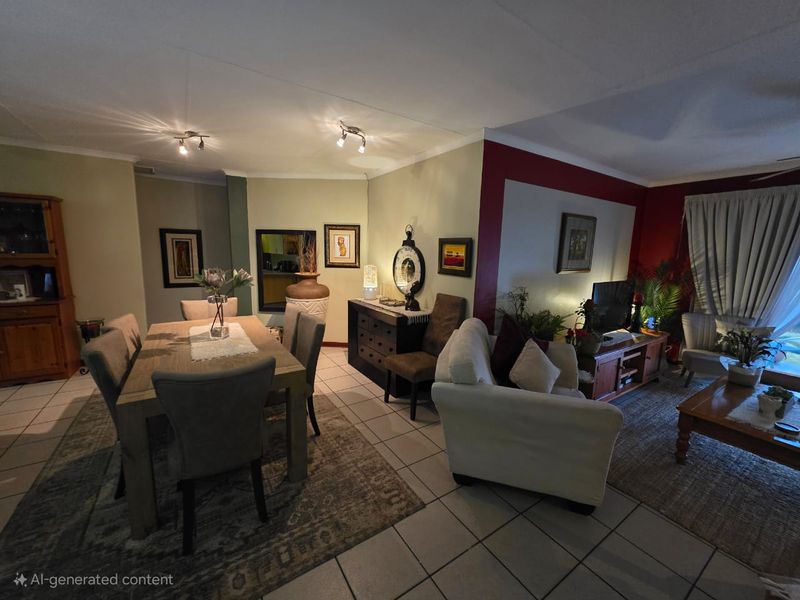 An open-plan living and dining area featuring tiled flooring, recessed ceiling lighting, and a distinct red accent wall.