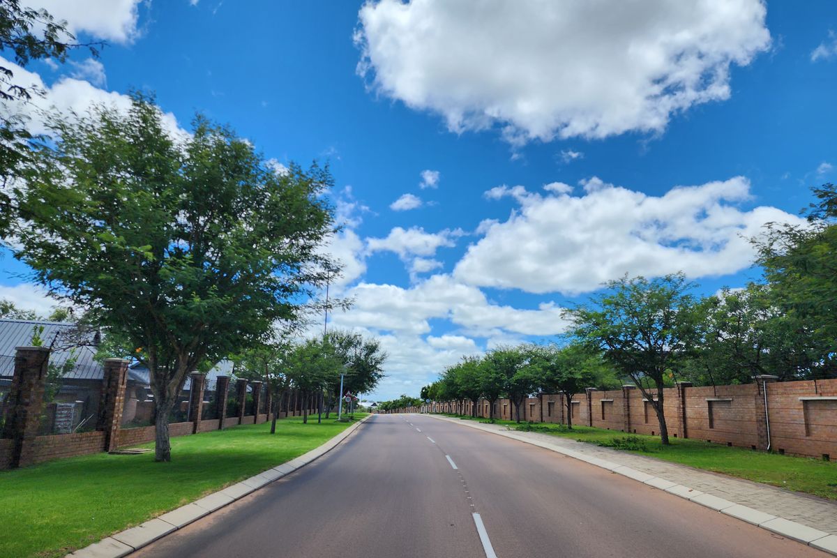 A view of the paved residential street lined with established trees and brick boundary walls within the estate.