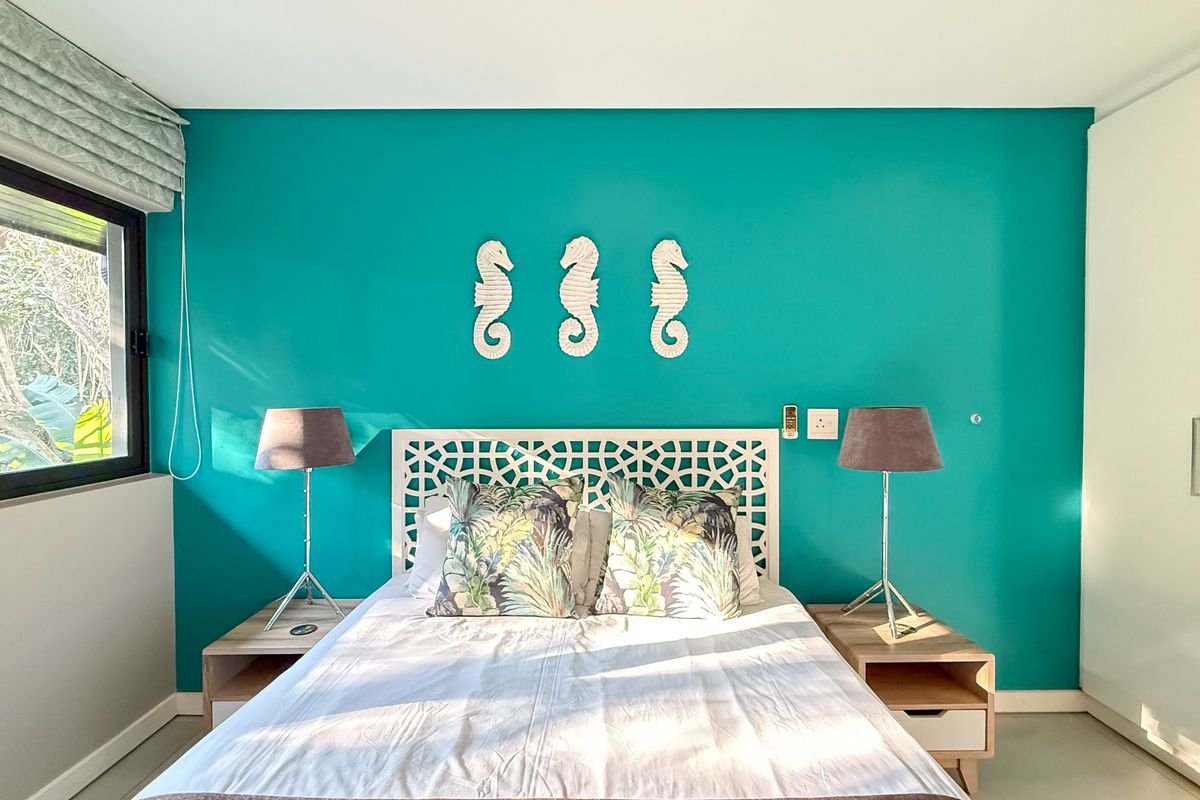A bright bedroom featuring a vibrant accent wall, built-in wardrobe storage, and a large window with a roman blind.