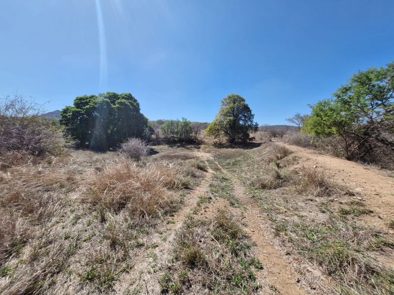 An expansive, undeveloped rural landscape featuring a natural dirt track and native vegetation under a clear blue sky.