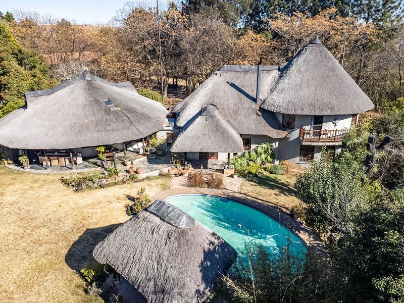 Aerial view of a property featuring multiple thatched roof structures, a swimming pool, stone patio areas, and established garden surroundings.