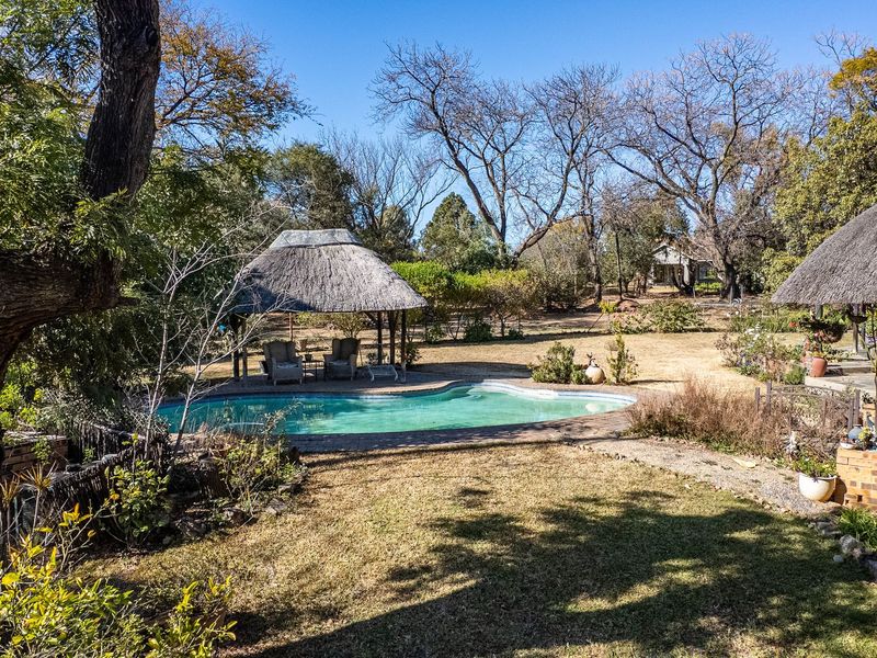 Outdoor pool area featuring a swimming pool, a thatched gazebo, and a thatched patio set within a mature, landscaped garden.