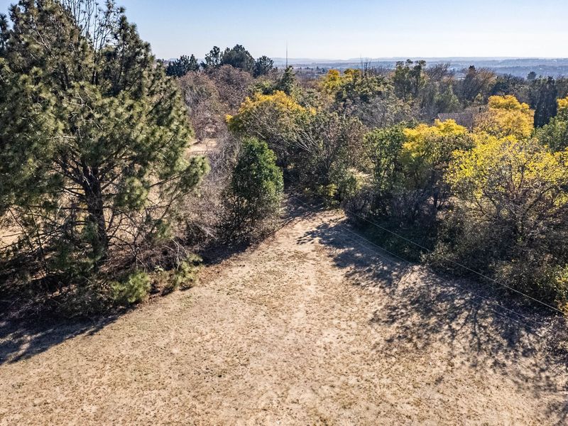 An aerial view of a large, open plot of land featuring mature trees and natural vegetation.