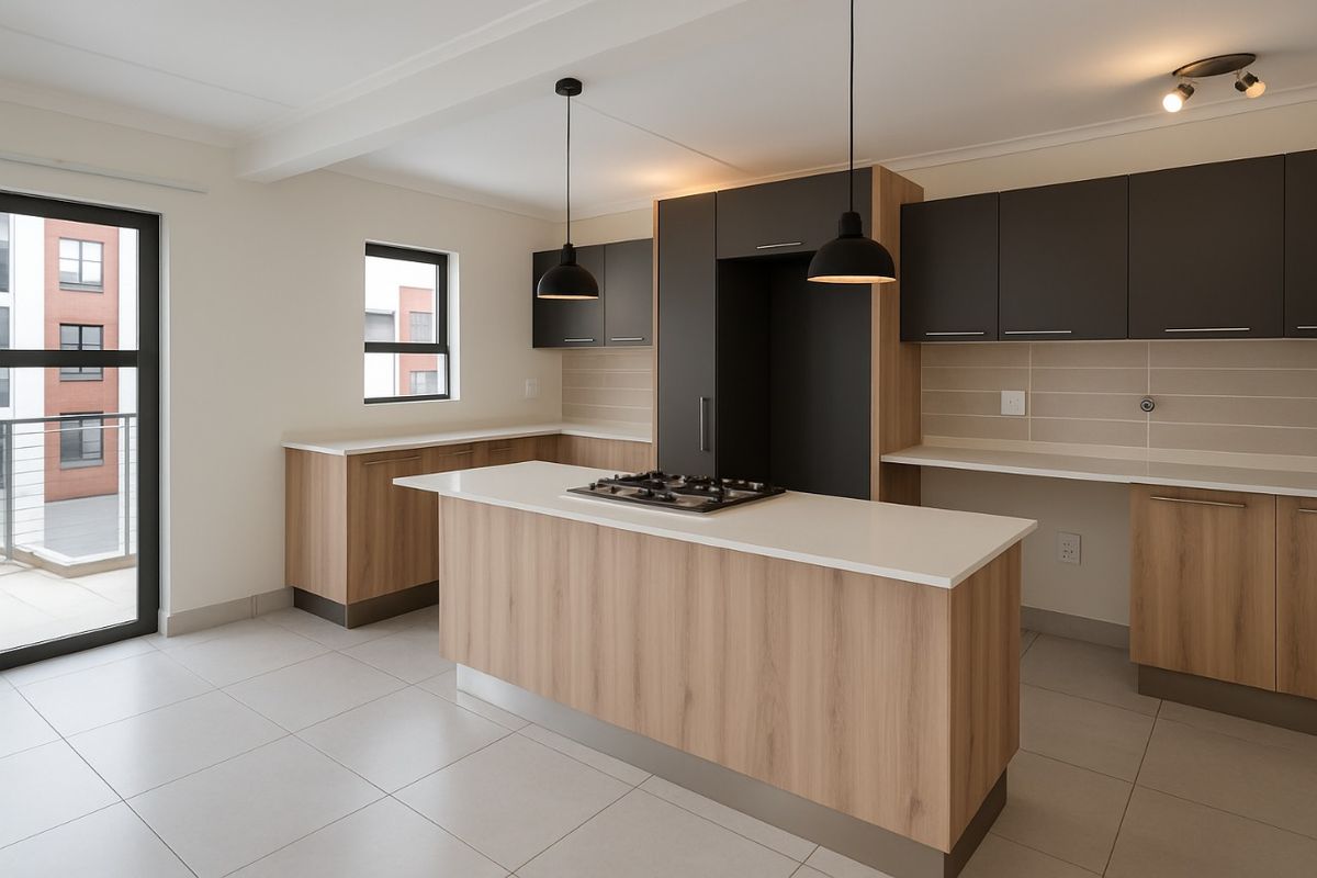 Modern kitchen featuring a central island with a built-in gas hob, two-tone cabinetry, stone countertops, and direct access to a private balcony.
