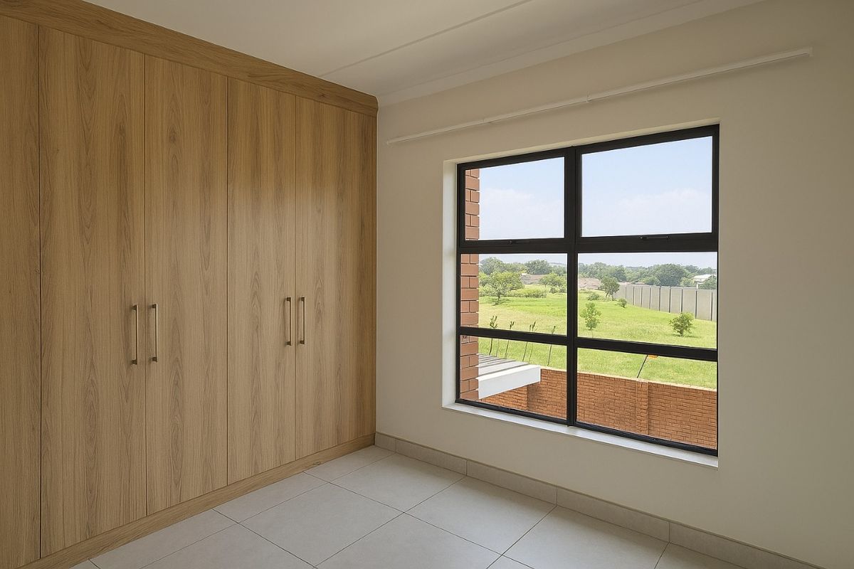 A bright, modern bedroom featuring light wood-grain built-in cupboards, neutral floor tiles, and a large window with views of the surrounding landscape.