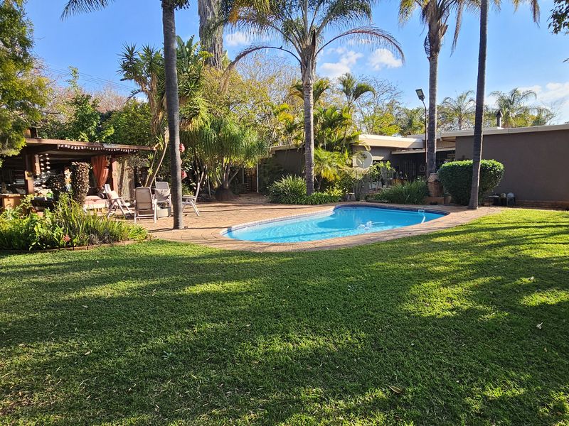 A spacious backyard featuring a swimming pool, a covered patio area, and established garden landscaping with mature trees.