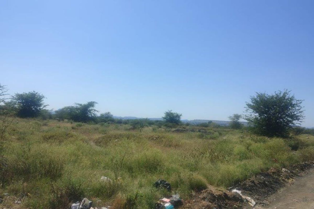 A view of an undeveloped residential plot featuring native vegetation and natural terrain, accessible via an unpaved road.