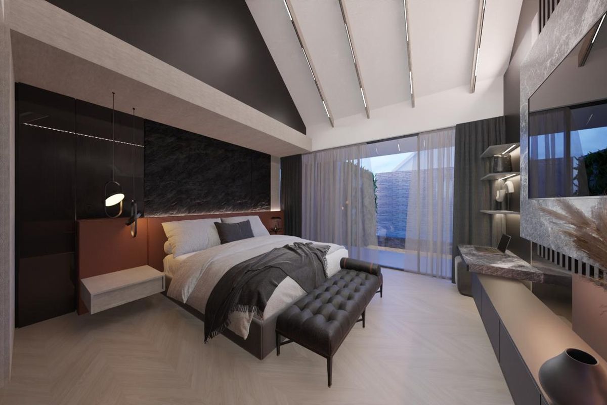 A modern, high-end bedroom featuring a vaulted ceiling with integrated lighting, built-in cabinetry, and large sliding glass doors leading to an outdoor area.