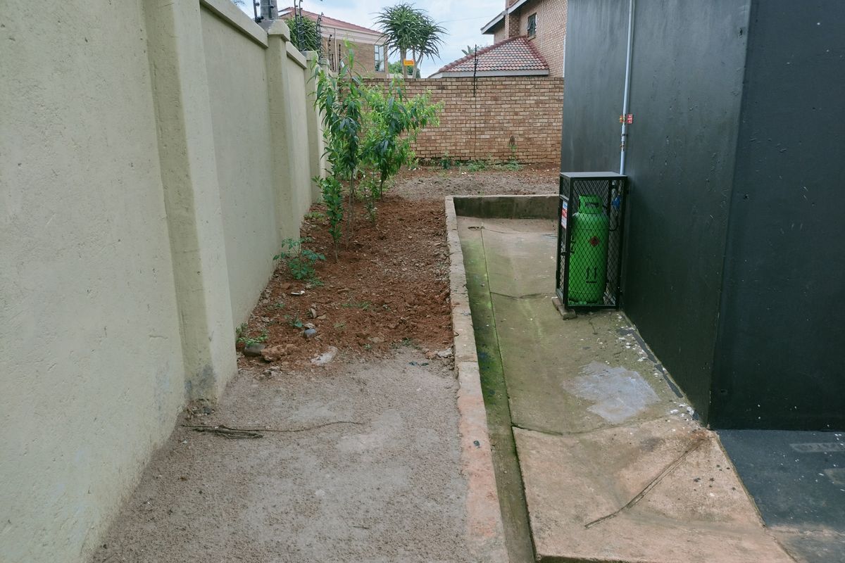 A narrow side yard area featuring a concrete pathway, perimeter boundary wall, and a dedicated gas cylinder storage cage.
