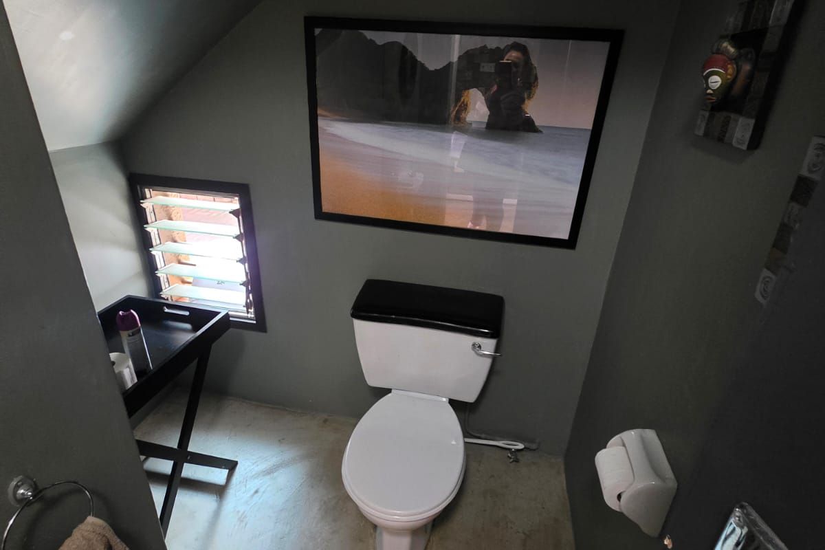 A compact bathroom featuring a toilet, louvre window, and dark-toned walls, providing a functional space with a unique architectural layout.