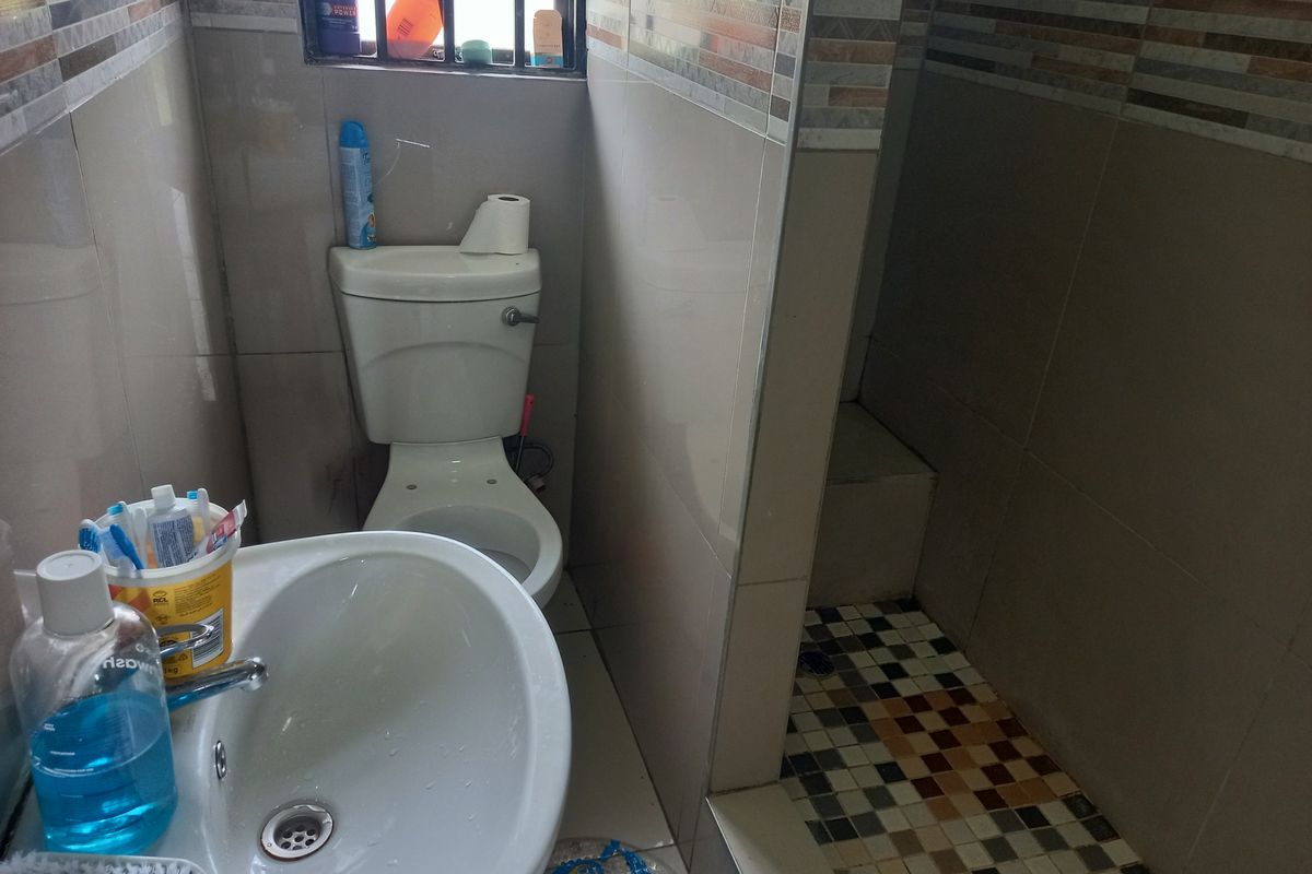 A compact bathroom featuring a pedestal basin, a standard toilet, and a tiled shower enclosure with a mosaic floor.