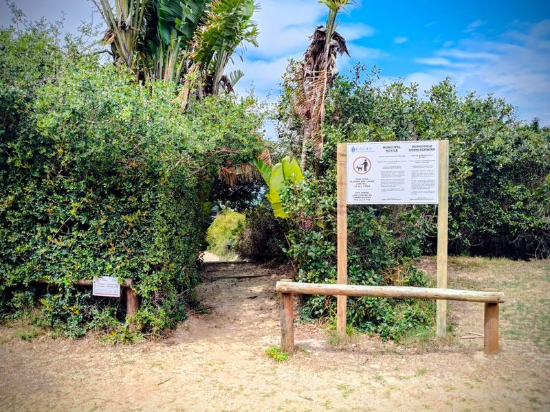 A sandy pathway leading through dense coastal vegetation, featuring a municipal notice board and timber post boundary markers.