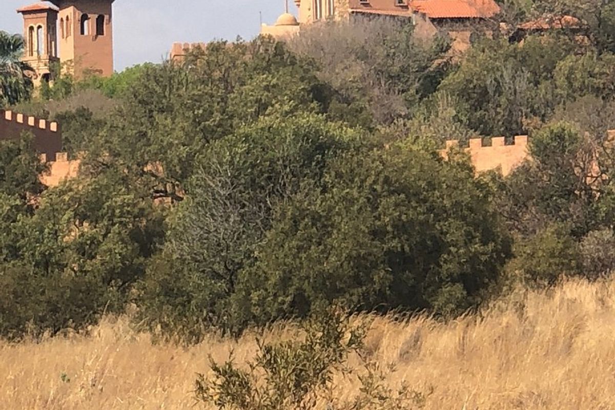 A distant view of a unique, castle-style property featuring turreted architecture and perimeter walls, set within a natural, landscaped environment.