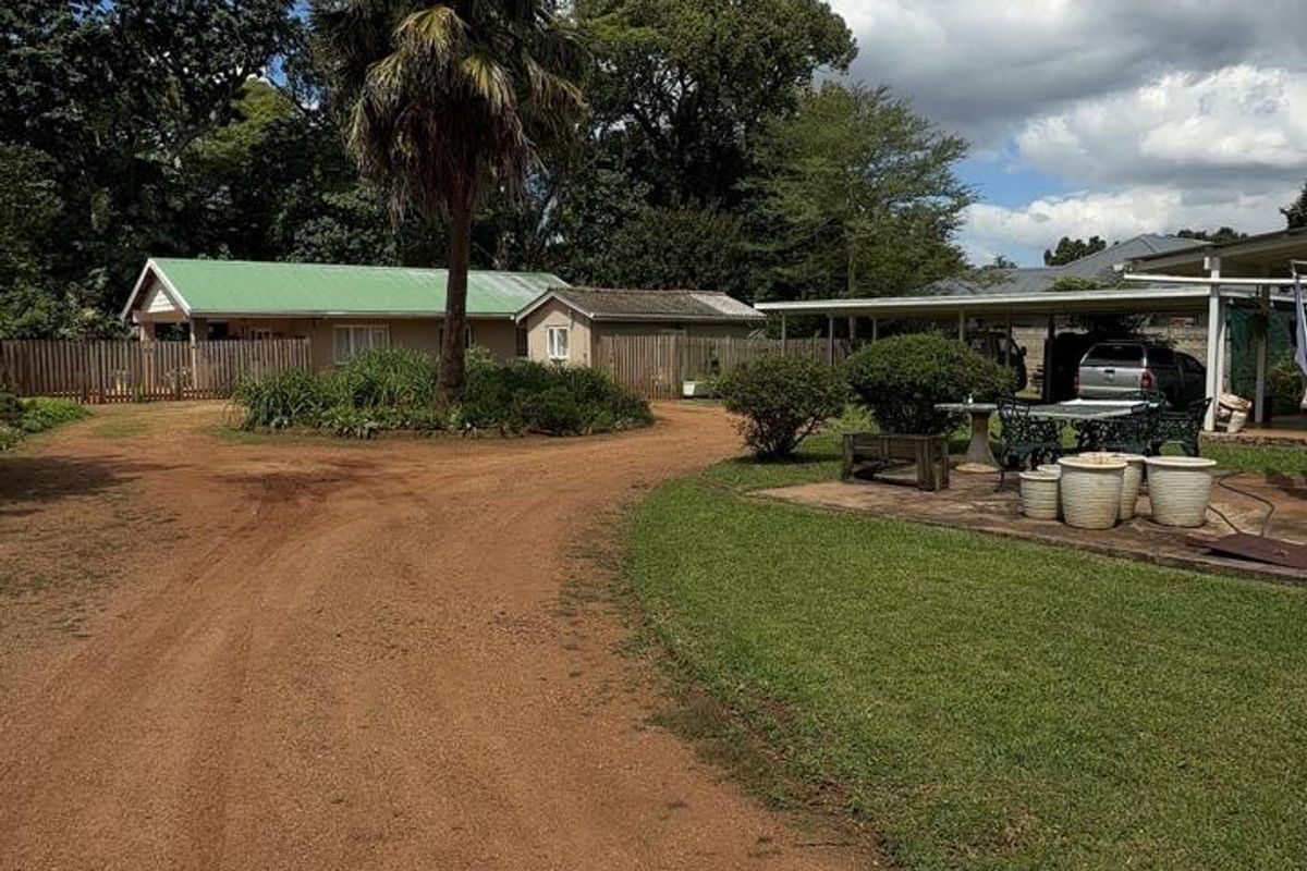 Spacious outdoor area featuring a dirt driveway, established garden, and a covered patio space adjacent to the main dwelling.