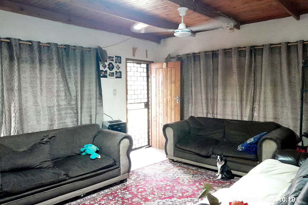 A living room featuring a timber-clad ceiling with a central ceiling fan and a security gate at the entrance.