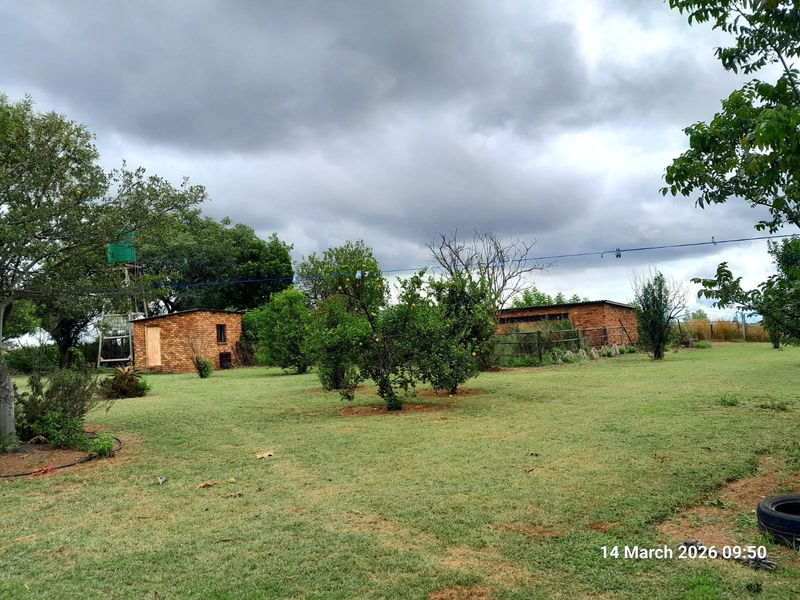 A spacious farm garden featuring established fruit trees, a brick outbuilding, and a raised water tank structure set within a grassy landscape.