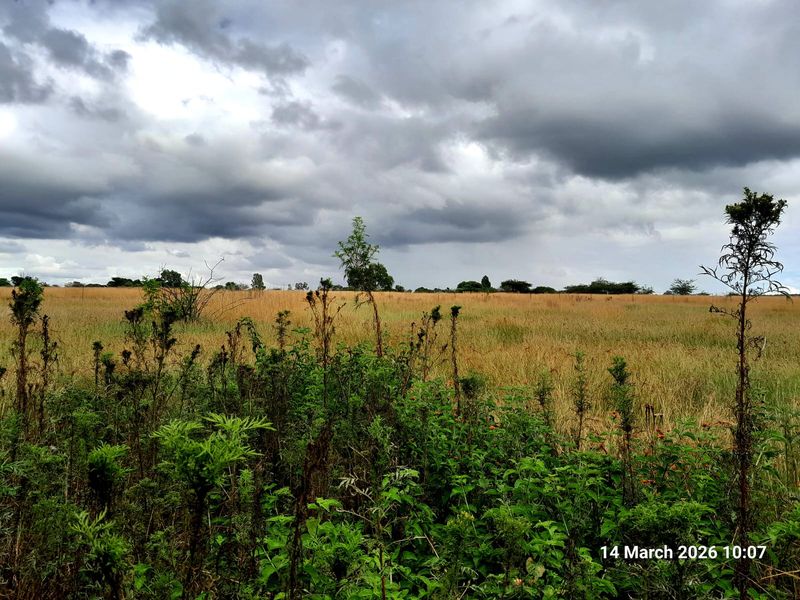 A wide-angle view of the expansive open farmland and natural landscape under a cloudy sky.