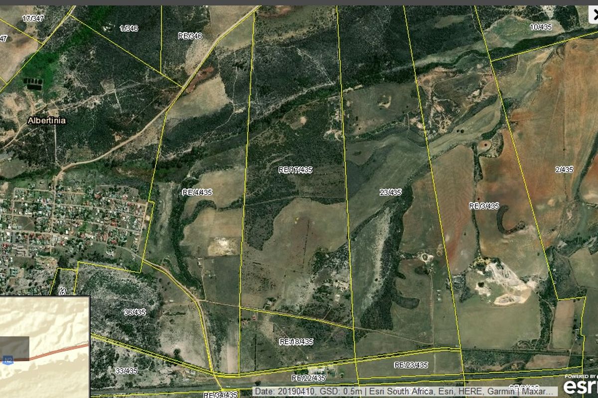 An aerial satellite view showing the land parcel boundaries and surrounding farm landscape near Albertinia.