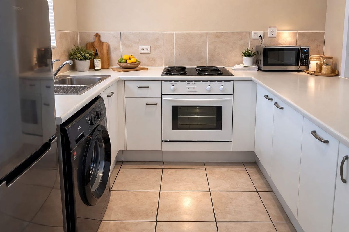 Compact kitchen featuring white cabinetry, tiled backsplash, integrated oven and hob, and tiled flooring.