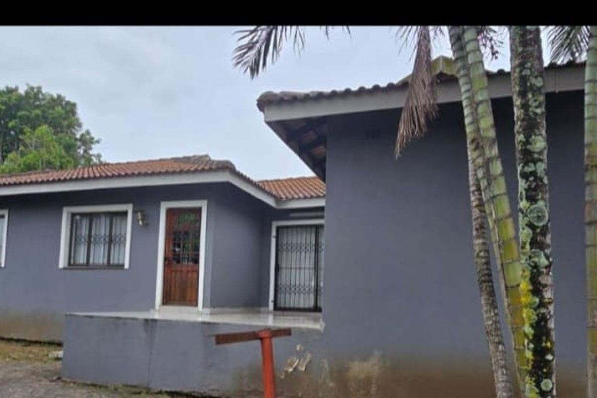 Rear view of the house featuring a covered patio area, tiled roof, and grey exterior walls set within a garden.