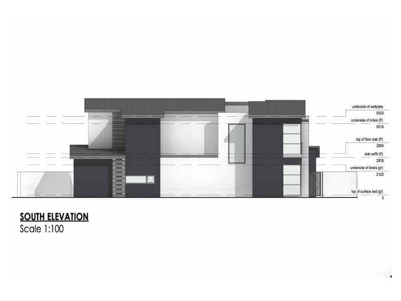 Architectural south elevation drawing for the proposed house design, detailing structural heights and facade composition.
