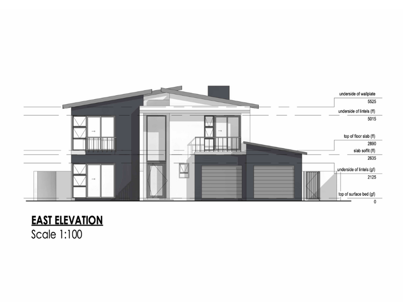 Architectural east elevation drawing showing the proposed two-story house design with garage, balconies, and window placements.