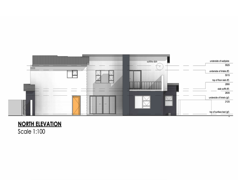 Architectural north elevation drawing showing the building facade, window placements, and structural height levels.