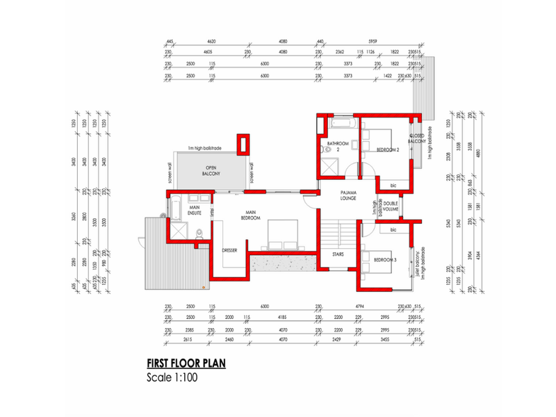 Architectural first floor plan detailing the layout of bedrooms, bathrooms, balconies, and a pajama lounge.