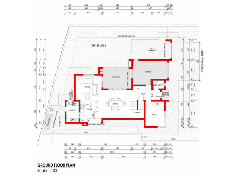 Architectural ground floor plan for Erf 159 Unit 2, detailing the layout of living areas, kitchen, garage, and outdoor spaces.