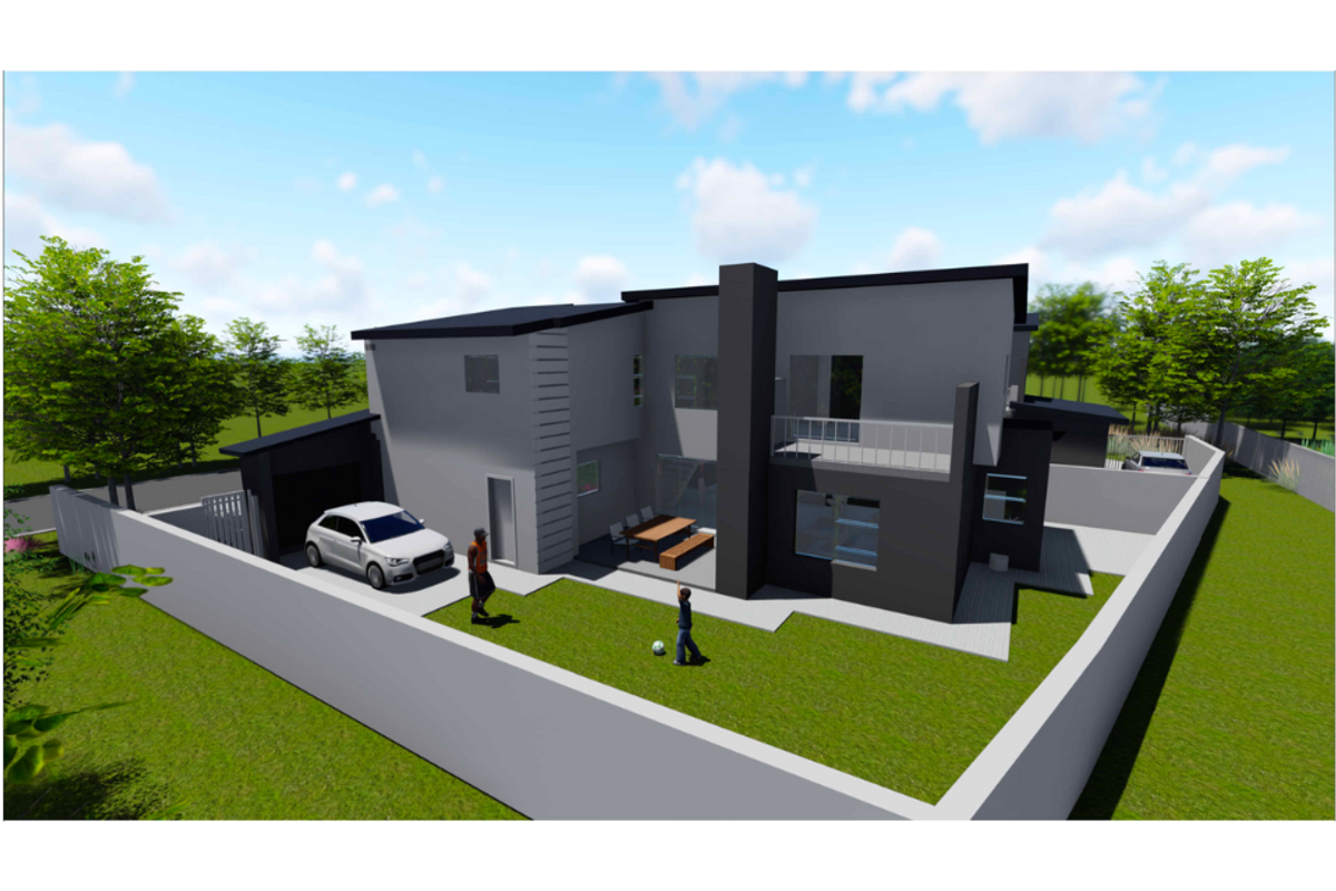 A modern two-story residential property featuring a contemporary facade, balcony, and enclosed garden area, presented as a 3D architectural rendering.