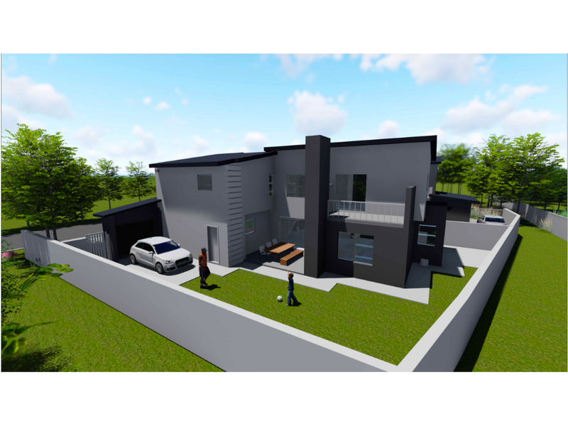 A modern two-story residential property featuring a contemporary facade, balcony, and enclosed garden area, presented as a 3D architectural rendering.