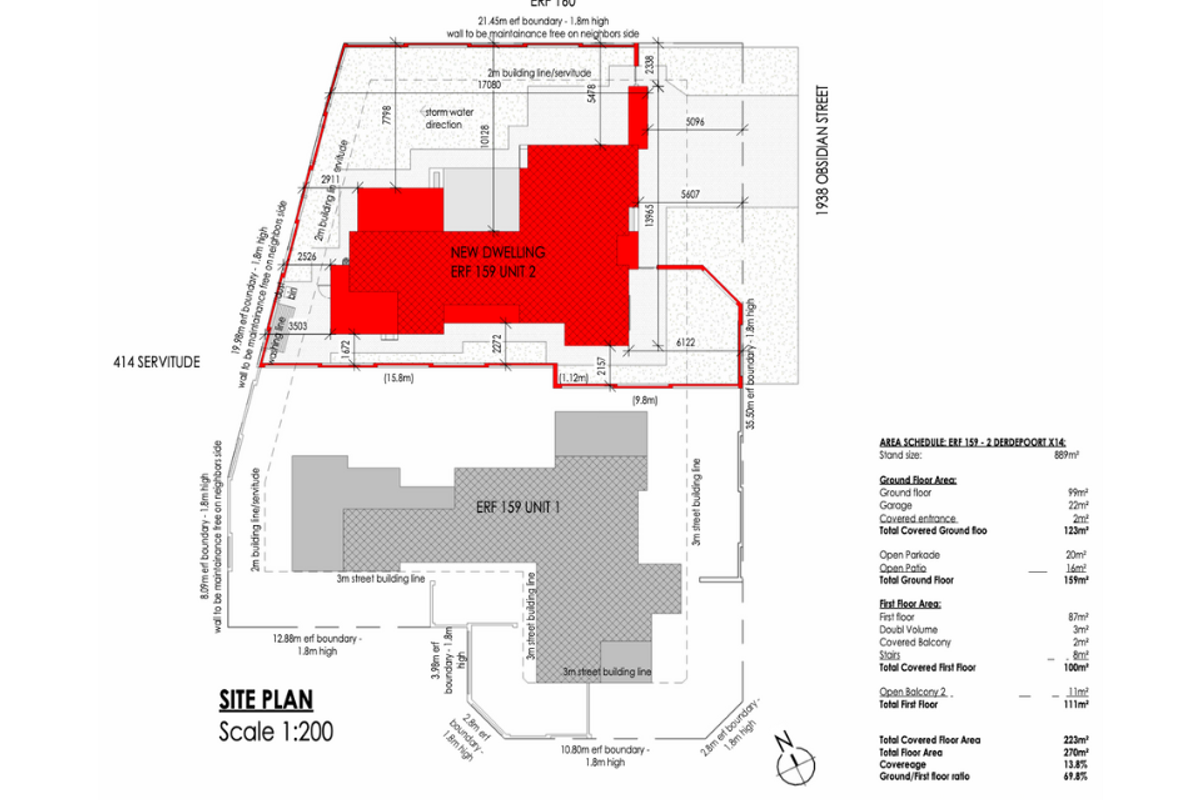 A detailed site plan for Erf 159 Unit 2, illustrating the building footprint, boundary lines, and area schedule for the property.