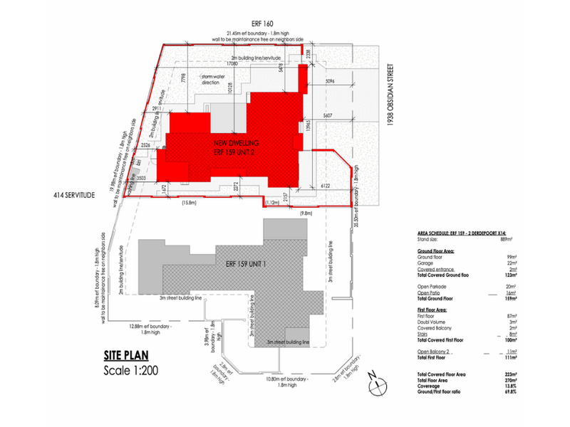 A detailed site plan for Erf 159 Unit 2, illustrating the building footprint, boundary lines, and area schedule for the property.