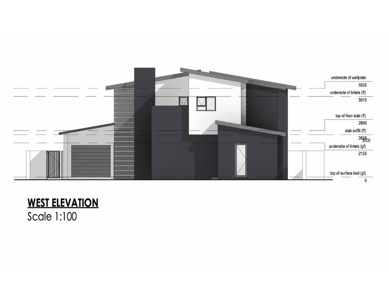Architectural west elevation drawing showing the building facade, roofline, and garage structure with height measurements.