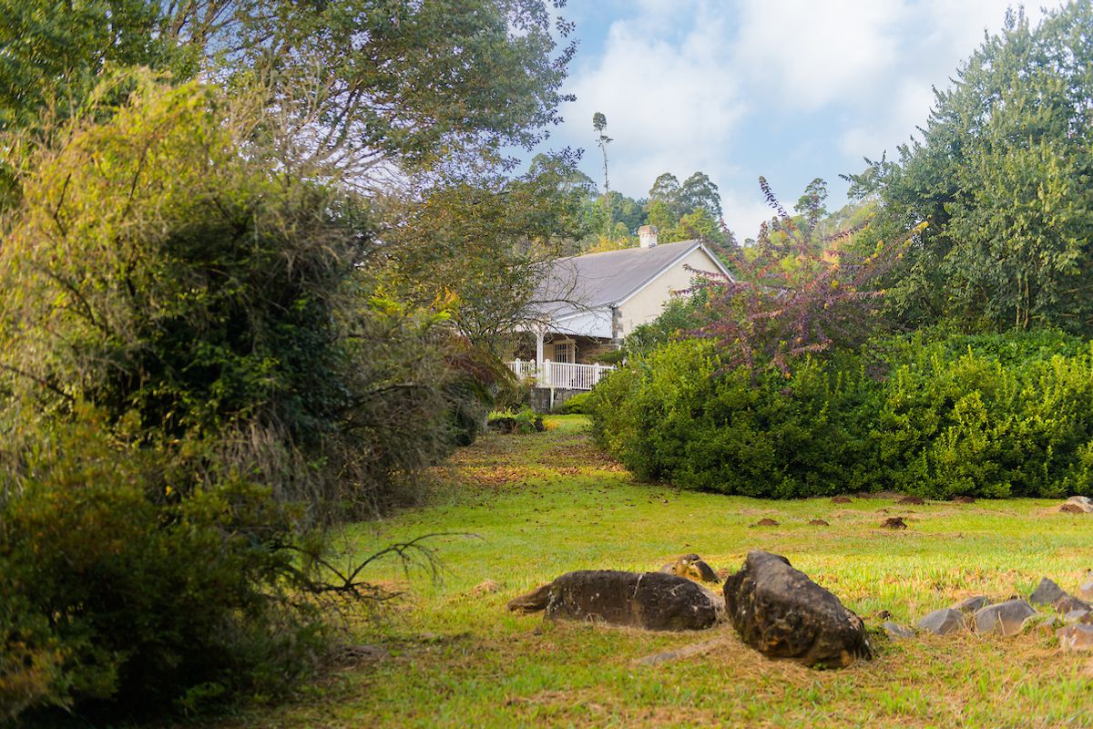 A view of a residential property nestled within a lush, green garden setting, featuring mature trees and landscaped grounds.