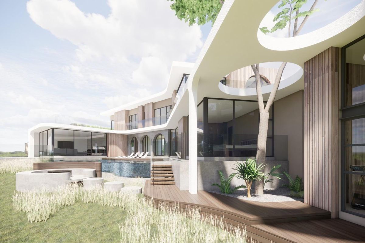 A modern architectural rear exterior view featuring a swimming pool, timber decking, and a unique structural roof design with integrated circular openings.