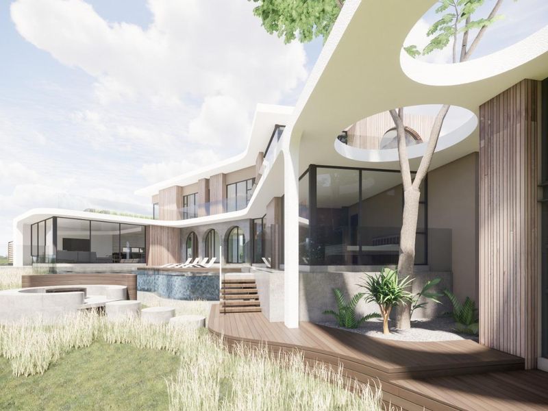 A modern architectural rear exterior view featuring a swimming pool, timber decking, and a unique structural roof design with integrated circular openings.