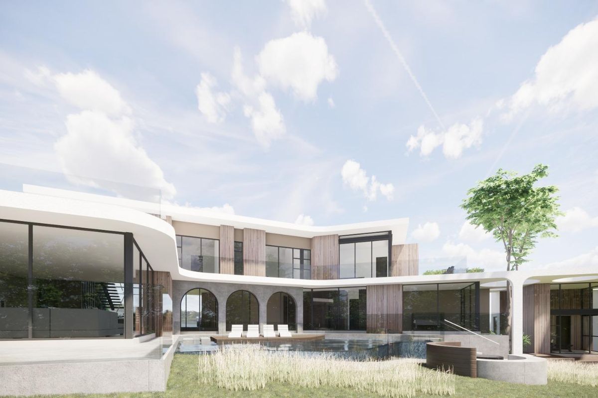 A modern architectural rear elevation featuring a swimming pool, expansive glass walls, timber cladding, and elegant arched stone detailing.