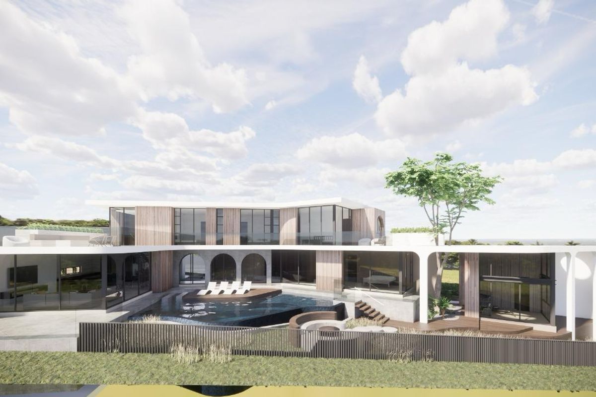 A modern architectural rendering of a luxury residence featuring a swimming pool, sunken seating area, and expansive glass facades.