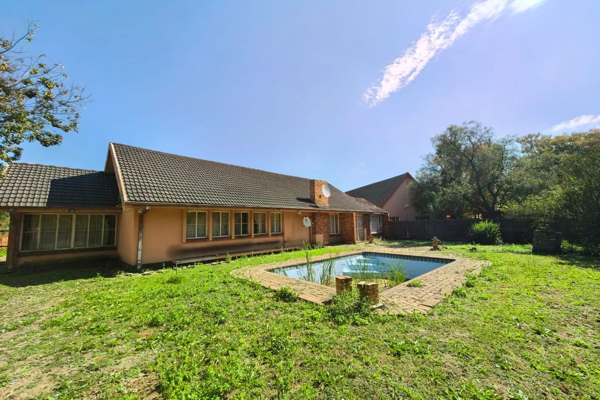 Rear view of the property featuring a large, neglected swimming pool and an expansive, overgrown garden area with mature trees.
