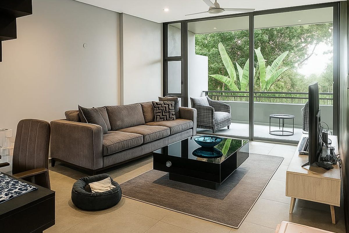 Modern open-plan living area featuring large sliding glass doors leading to a private balcony, recessed lighting, and a sleek staircase.