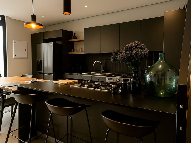 Modern open-plan kitchen featuring sleek matte black cabinetry, integrated appliances, a gas cooktop on the island, and contemporary pendant lighting.