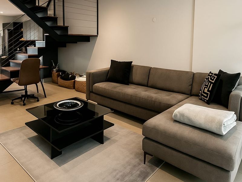 Modern open-plan living area featuring a striking architectural staircase with metal railings and sleek tiled flooring.