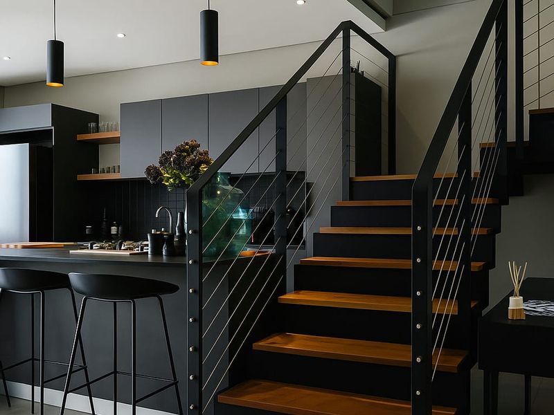 Modern open-plan kitchen featuring sleek dark cabinetry, integrated appliances, and a striking staircase with timber treads and black metal balustrades.