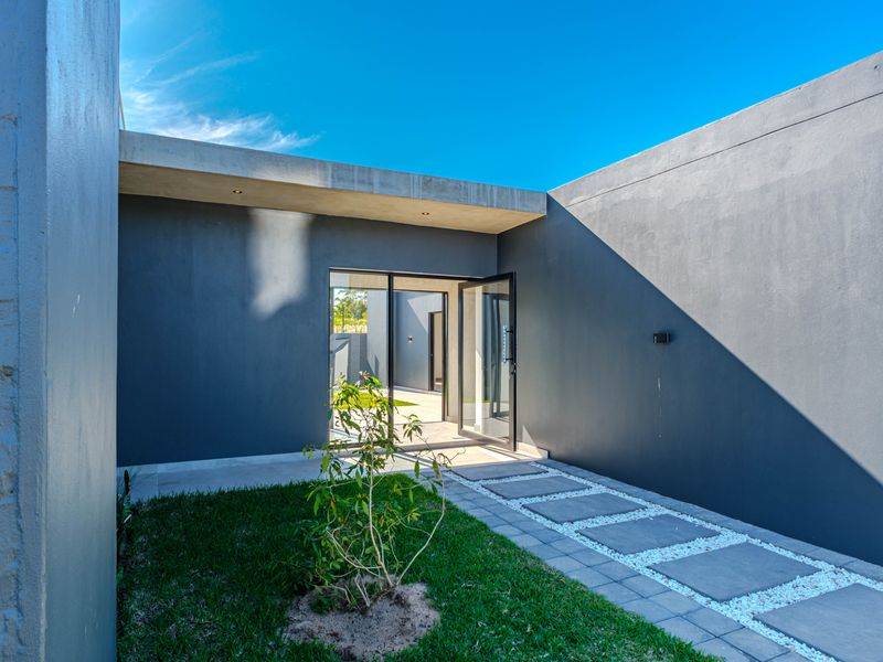 Modern entrance area featuring a sleek glass pivot door, concrete roof overhang, and a clean paver walkway leading to the home.